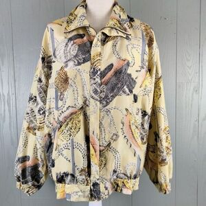 Vintage FUDA‎ Silk Jacket Womens Medium Yellow Seashells Artsy Coastal All Over